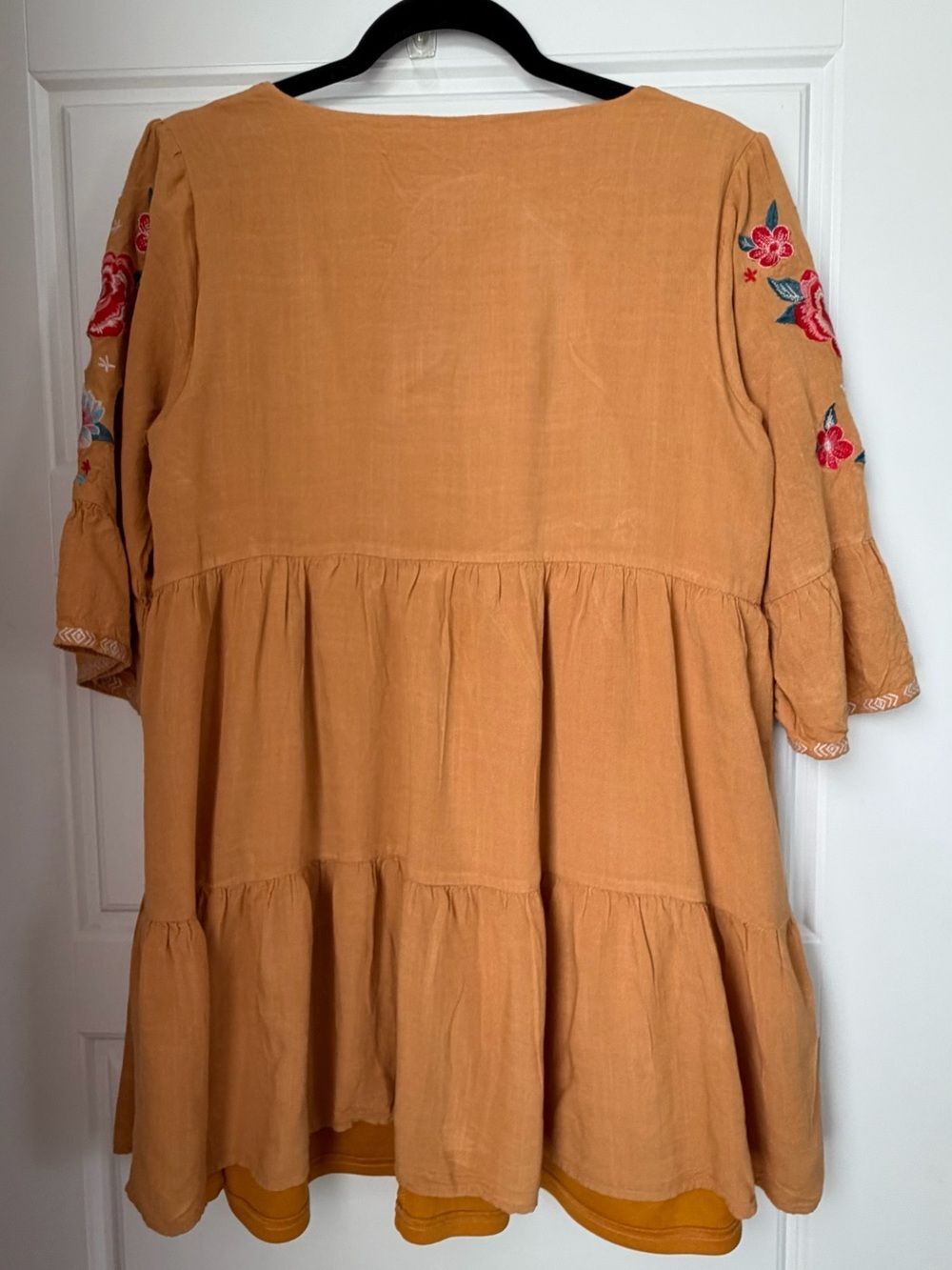 Savanna Jane Mustard Tiered Dress with Multicolor Floral Embroidery-Med - Picture 2 of 10